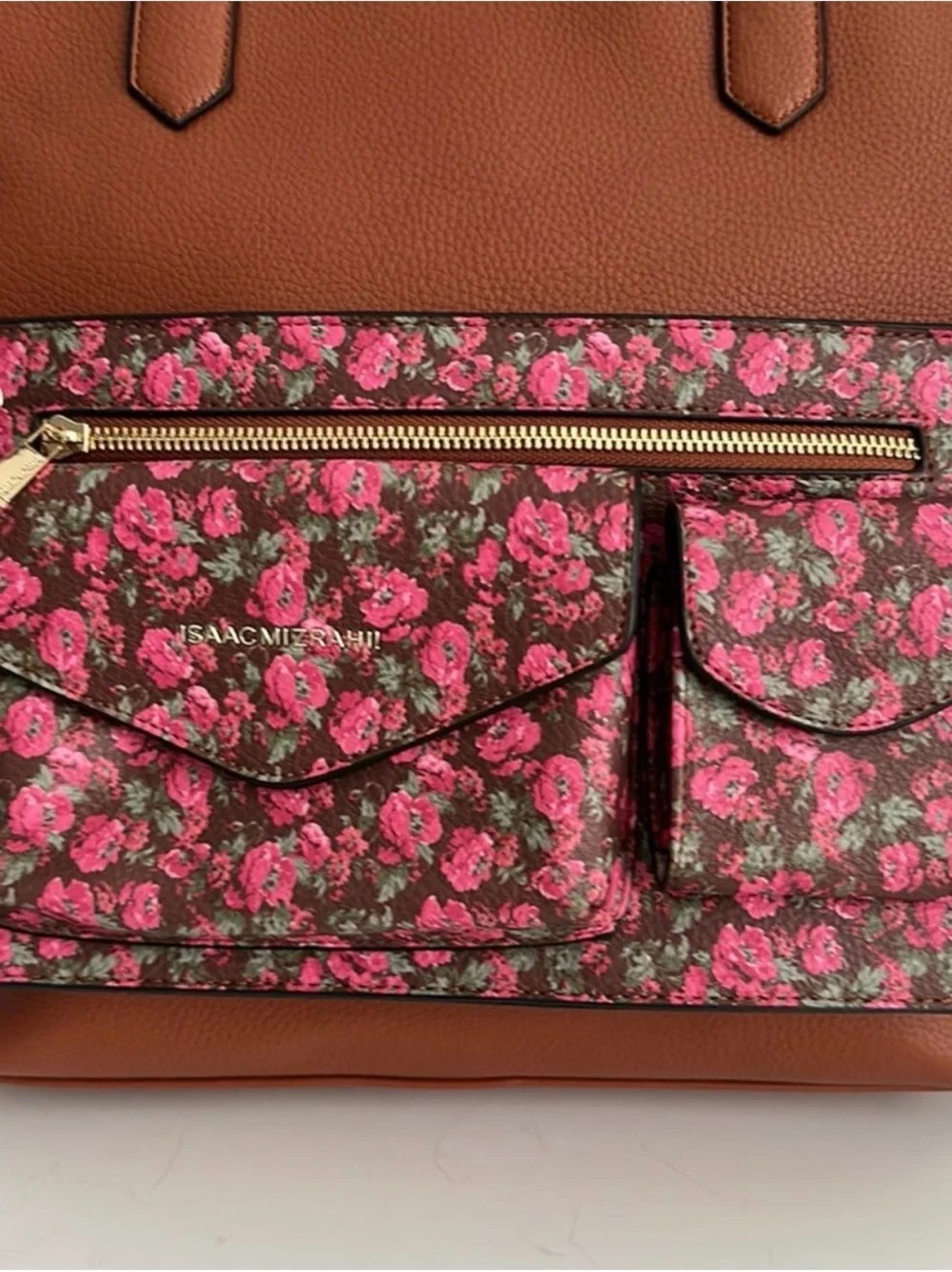 Isaac Mizrahi Brown Tote with Pink Floral Front Pockets